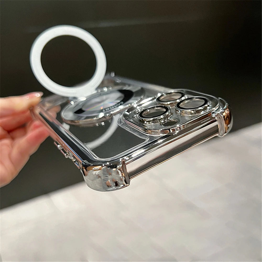 Luxury Plating Shockproof Magnetic Bracket For Magsafe Clear Case For iPhone 15 16 14 13 12 17 Pro Max With Holder Stand Cover